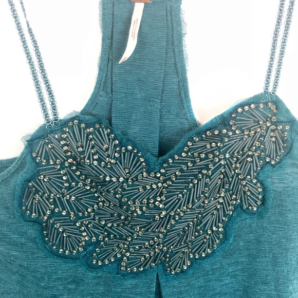 FREE PEOPLE Deep Turquoise Beaded Neckline ‘Persephone’ Slub Knit Swing Tank Top - Picture 3 of 8